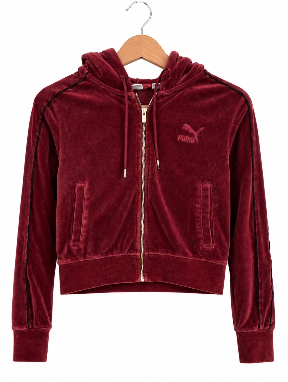 Puma Velour Zip Hoodie Burgundy Cropped XS Soft Velvet Zip-Up - Picture 2 of 13